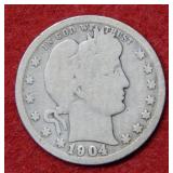 1904 O Barber Silver Quarter