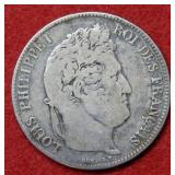 1834 France 5 Frank Silver Coin