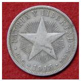 1915 Cuba 40/Cuarenta Centavos Silver Coin
