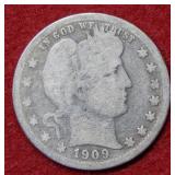 1909 D Barber Silver Quarter