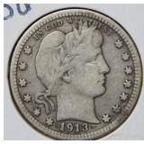 1913 Barber Silver Quarter