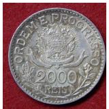 1913 Brazil 2000 Silver Reis Coin