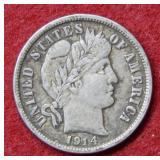 1914 D Barber Silver Dime