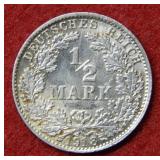 1918 German 1/2 Mark Silver Coin