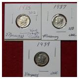1935 - 1937 - 1939 Mercury Silver Dimes