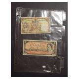 1954 Canada $2 Note & Unknown Foreign Note