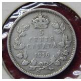 1916 Canada Silver 5 Cent Coin