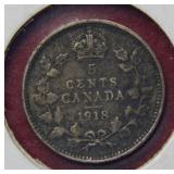 1918 Canada Silver 5 Cent Coin