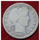 1908 S Barber Silver Quarter