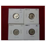 (4) Mercury Dimes -1940 S-1941 S-1942 S-1944 S