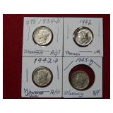 (4) Mercury Silver Dimes - 1939 D-1942 P&D -1943 D