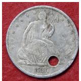 1857 Seated Liberty Silver Half Dollar- Holed