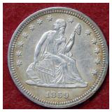1859 Seated Liberty Silver Quarter - No Motto