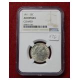 1911 Barber Silver Quarter NGC AU Details