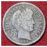 1894 O Barber Silver Dime - grainy