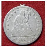 1853 Seated Liberty Quarter - rim damage
