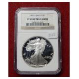 1991 S Silver Eagle 1oz NGC PF69 Ultra Cameo