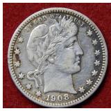 1908 D Barber Silver Quarter