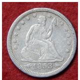 1853 Seated Liberty Silver Quarter -arrows & rays