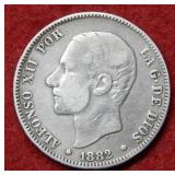 1882 Spain 2 Pesetas Silver Coin