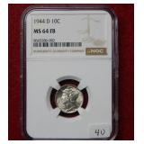 1944 D Mercury Silver Dime NGC MS64 FB