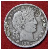 1893 Barber Silver Half Dollar Coin