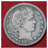 1901 Barber Silver Quarter