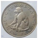 1971 Gibraltar 25 New Pence Monkey Coin