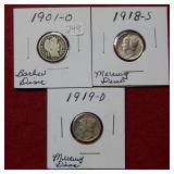 1901 O-1918 S - 1919 O Barber Silver Dimes