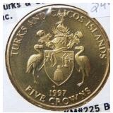 1997 Turks & Caicos 5 Crowns Brass Coin