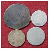 4 Old Coins - Large Cent - Dime - Nickel - Cent