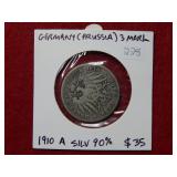 1910 Silver German 3 Mark Coin