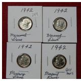 (4) 1942 Mercury Silver Dimes