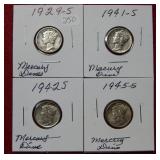 1929 S - 1941 S -1942 S - 1945 S Mercury Dimes