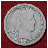 1904 O Barber Silver Quarter