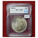 1923 D Peace Silver Dollar ICG AU58