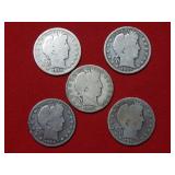 (5) Barber Silver Halfs-1898 D-1900-1907 D-08-09 S