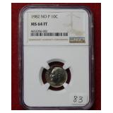 1982 No P Roosevelt Dime NGC MS64 FT