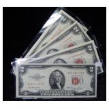 Four Crisp Red Seal $2 Fed Res Notes