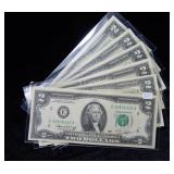 (6) Crisp $2 Notes - assorted series