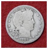 1908 S Barber Silver Quarter