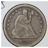 1858 Seated Liberty Silver Quarter