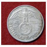 1938 German 5 Mark Silver Coin with Swastika