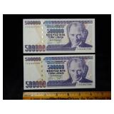 2 Sequential Turkey 500,000 Lirasi Notes