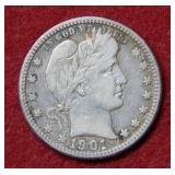 1901 O Barber Silver Quarter