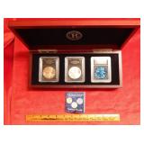 3 Silver Eagles in Handsome Wood Display Box