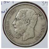 1869 Belgium 5 Francs Coin