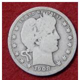 1908 S Barber Silver Quarter