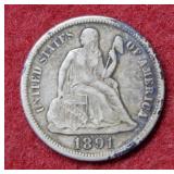 1891 S Seated Liberty Silver Dime - last year