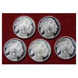 (5) 1/10oz .999 Troy Oz Silver - Buffalo Rounds